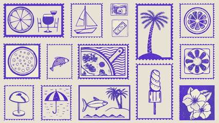 Collection of purple travel themed postage stamps depicted in a hand drawn vector illustration style tourism vacation holiday souvenir memorabilia © MINA