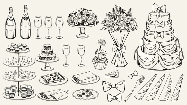 Wedding celebration sketches depict champagne bottles tiered cakes floral arrangements and dessert platters in line art party event banquet reception