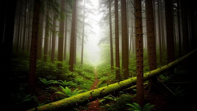 A serene forest scene with a fallen tree surrounded by ferns and tall trees with moss under a misty atmosphere.