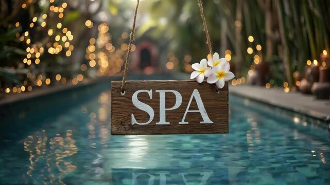 spa hanging sign on romantic decorated pool background with fairy lights animation