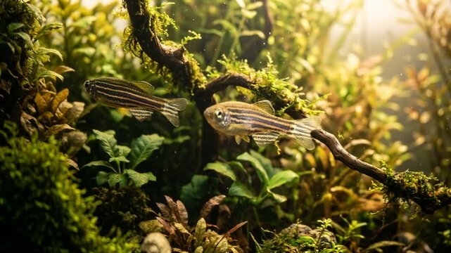 two danio fish swimming in amazon river brazil underwater morning light close up video