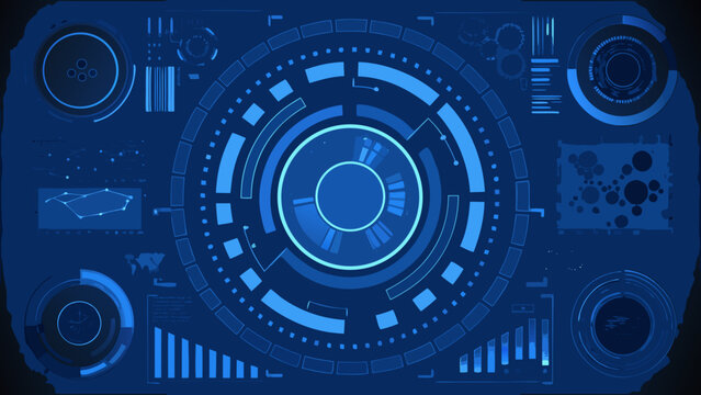 Futuristic interface elements with circular graphs and linear indicators a vibrant blue vector illustration abstract shapes aerial view analytics application