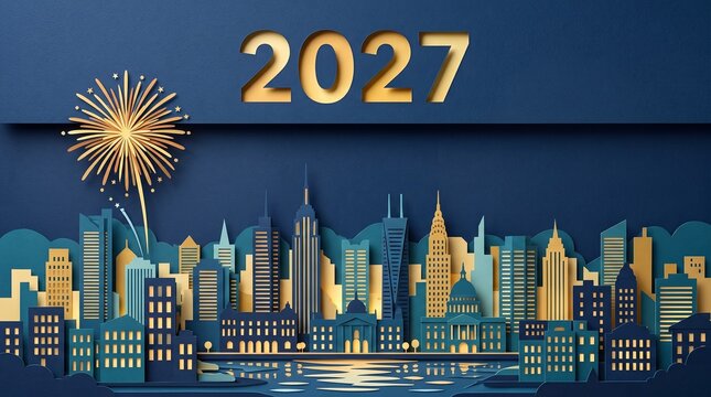 Intricate paper craft city skyline featuring the year 2027 with golden fireworks display glowing against a deep navy blue background created in a layered style