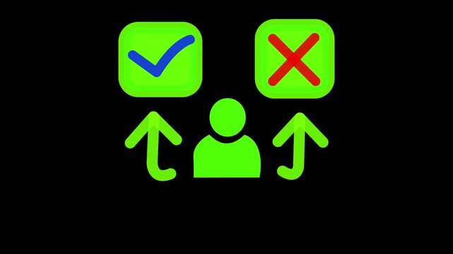 Decision icons showing green checkmarks and red crosses demonstrate the process of evaluation where a person carefully chooses between positive and negative options while visualizing the final.