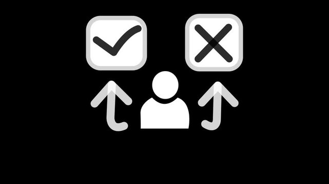 Person icon placed between a checkmark box and an x mark box with arrows indicating a clear choice between correct and incorrect options for decision making and user experience design evaluations.