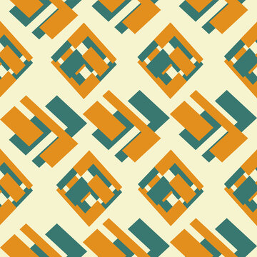 Geometric seamless pattern featuring bold orange and teal overlapping rectangles on cream background. Modern abstract design retro style, clean shapes, repeating texture , contemporary decor, vector
