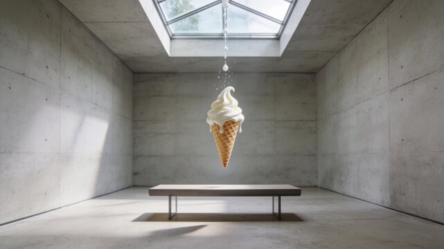 A minimalist conceptual image of a vanilla soft serve ice cream cone floating in a concrete room with a skylight window and a wooden bench.