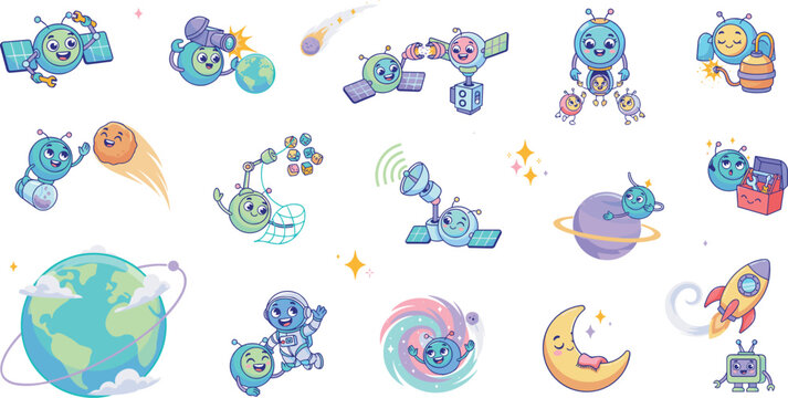 Cute kawaii alien and space exploration vector bundle featuring happy cartoon extraterrestrial monsters, rocket ships, planet earth, and futuristic satellite characters isolated on white background.
