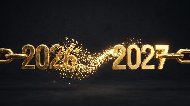 Golden numbers 2026 shattering into glowing particles while transforming into shiny 2027 on a dark background with metallic chain links for celebration