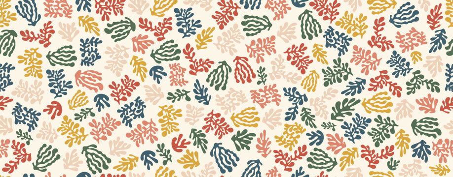 Abstract seamless coral pattern with colorful organic sea shapes in modern flat style. Repeating marine inspired background suitable for fabric, wallpaper, wrapping paper