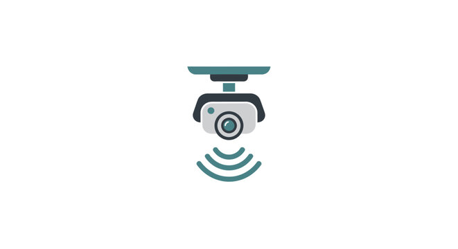 A flat vector icon of a ceiling mounted security camera with a signal wave