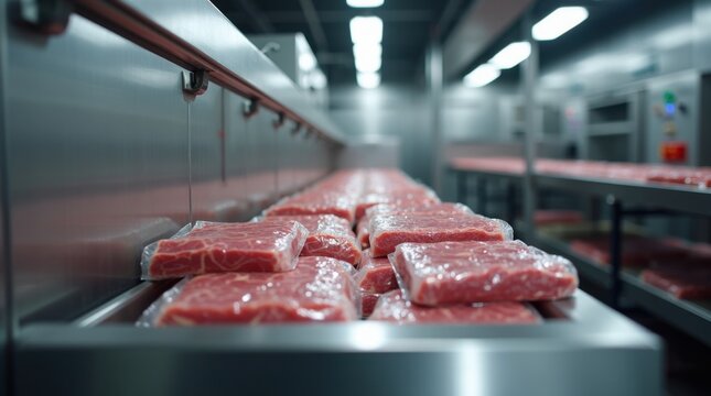 Planta moderna de procesamiento de carne con productos envasados ​​que pasan por sistemas automatizados de control de calidad