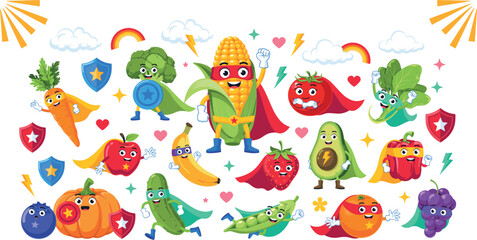 Cute superhero fruits and vegetables vector clip art bundle featuring cartoon food characters with capes, masks, and shields isolated on white background. © MdMonirul