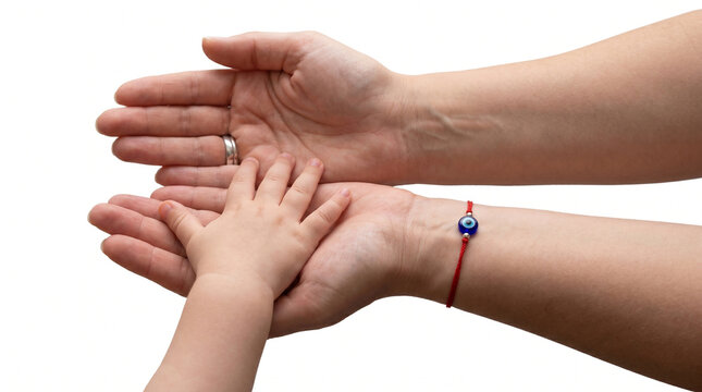 Close up of adult hands holding a baby hand, wearing a red string bracelet with a blue evil eye amulet, isolated on white background, family protection and care concept