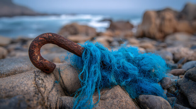 Rusty metal hook entangled in bright blue fishing net on rocky beach shore.
