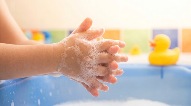 Close up of little child washing hands with soapy foam over a blue bathtub with a yellow rubber duck, fun bath time and daily hygiene concept