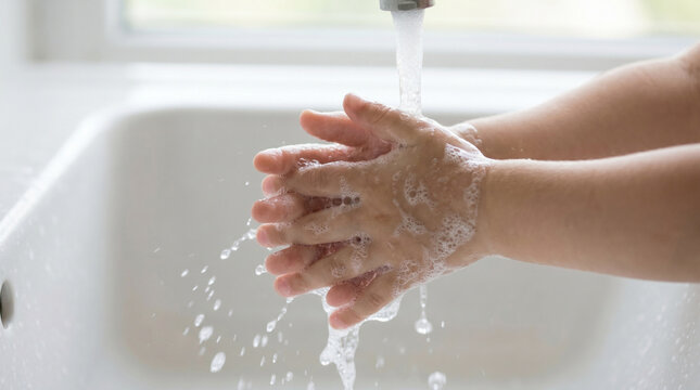 Close up of child washing hands with soap under running water in bathroom sink, hygiene and daily healthcare routine