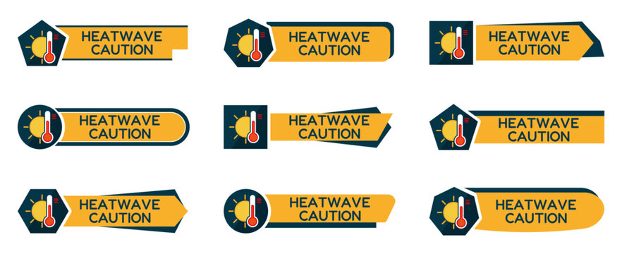 Heatwave caution banner collection with warning thermometer and sun icons. Modern safety labels for extreme weather alerts, temperature notifications