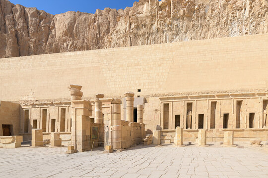 The Ptolemaic portico leading into the Main Festival Courtyard on the third (upper) terrace of the Mortuary Temple of Hatshepsut in Luxor Egypt.