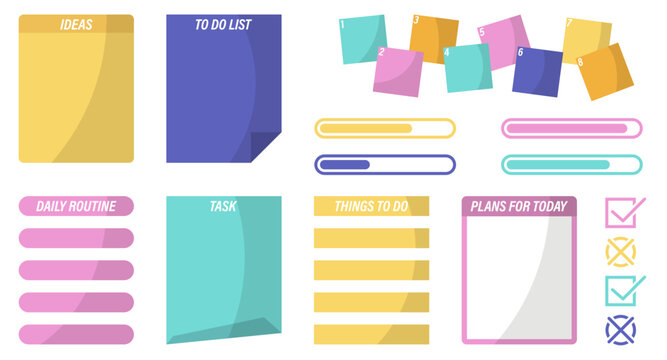 Colorful planner elements collection with sticky notes, progress bars, checklists and memo templates. Modern productivity assets for organization, scheduling