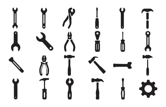Industrial tool icons, wrench pliers hammer screwdriver and gear silhouette vector set illustration.