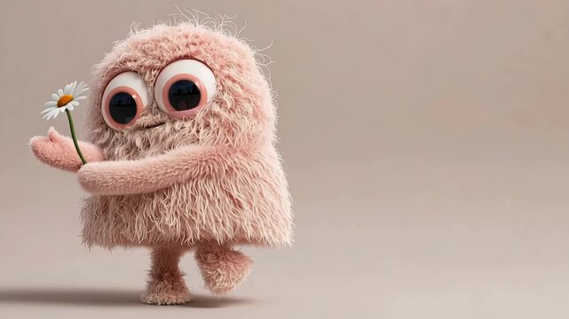 cute little fluffy monster with flower and I love you message animation