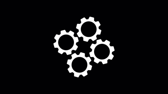 Interlocking 4 Gears Icon Loop Representing Teamwork Concept on Alpha Channel Transparent Background