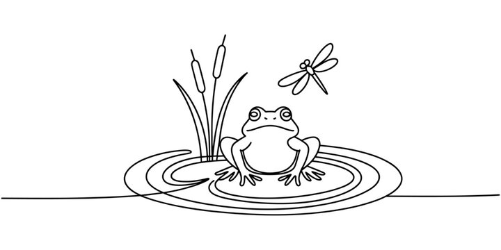 Frog on Lily Pad With Reeds and Dragonfly Continuous One Line Drawing
