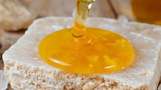 Honey being poured onto a block of halva