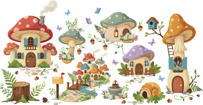 Whimsical fairy tale mushroom house vector set featuring cute forest dwellings, gnome cottages, woodland village elements, and magical fantasy homes isolated on white background.