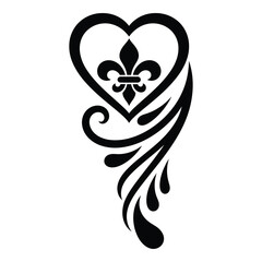 Black heart shaped tattoo design with fleur de lis and swirling lines icon © James