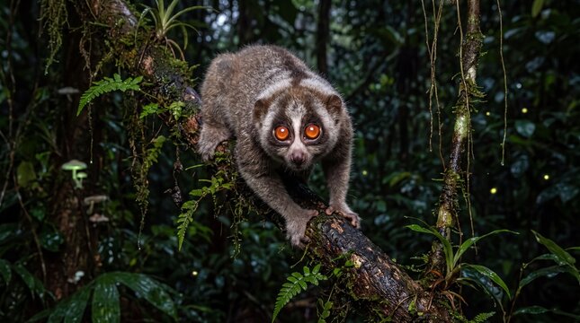 Slow Loris with Bright Orange Eyes on a Mossy Branch in a Dark Forest