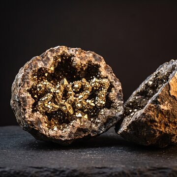 Detailed close up view of a cracked open geode filled with sparkling golden pyrite crystals displayed on a dark stone surface with soft ambient lighting
