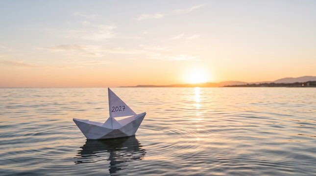 Small white paper boat with the number 2027 written on its sail floating gently across the calm ocean water during a golden sunset
