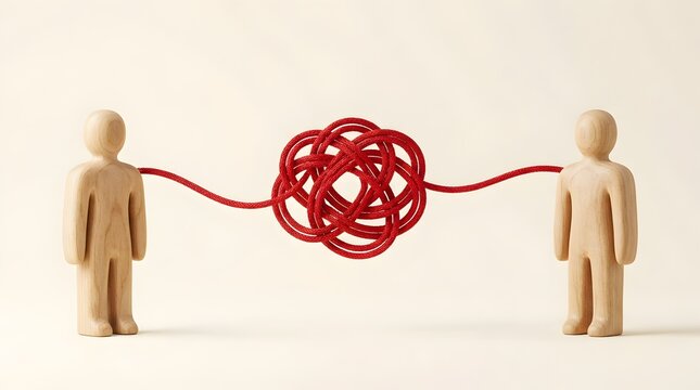 Tangled red string knot connecting two wooden figures representing complex relationship conflict miscommunication and difficult business problem solving