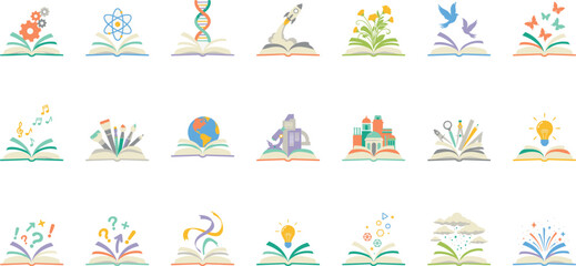 Creative open books learning and education concepts vector icons bundle featuring science technology art music nature imagination and problem solving themes © MdMonirul