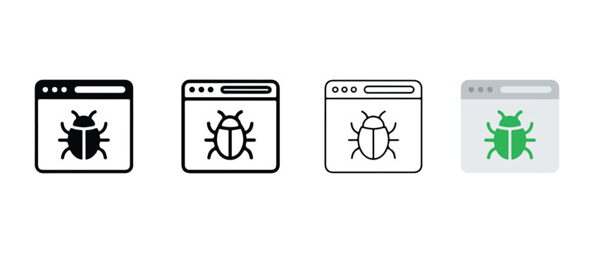 Bug icons in browser windows for software development and coding  web bugs  isolated on white background