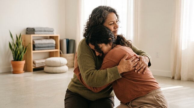 Emotional support between a Latina mother and daughter in a cozy setting