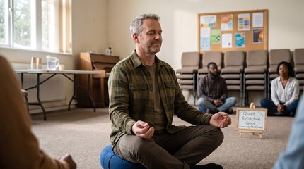 Fototapeta premium Middle-aged man leads a community mindfulness meditation session in a quiet room
