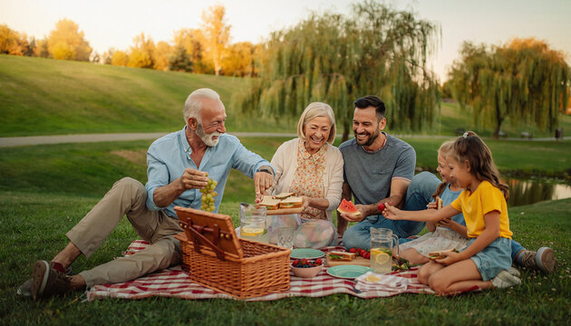 A happy multigenerational family enjoys a sunny summer afternoon picnic in a scenic park, sharing delicious food and warm laughter, evoking deep feelings of love and togetherness.