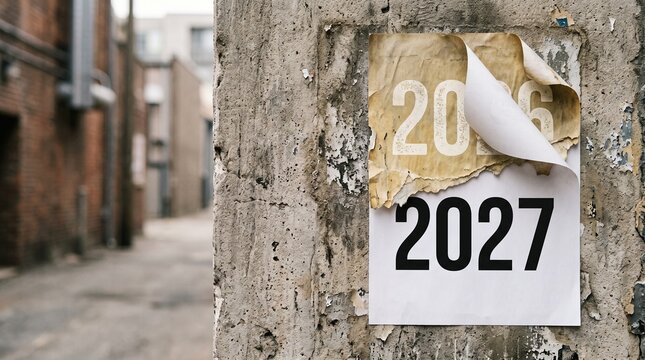 Weathered poster showing the transition from the old year into the new year 2027 displayed on a rough concrete wall in an urban alleyway