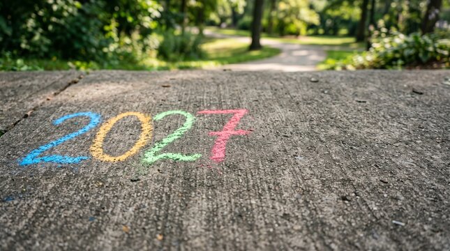 Colorful number 2027 written with vibrant sidewalk chalk on a textured grey concrete path during a sunny afternoon in a peaceful summer park setting