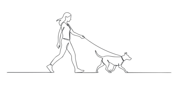  Modern continuous line illustration of daily dog walking and pet care.