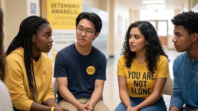 Diverse group of young adults in a support circle, sharing and listening attentively