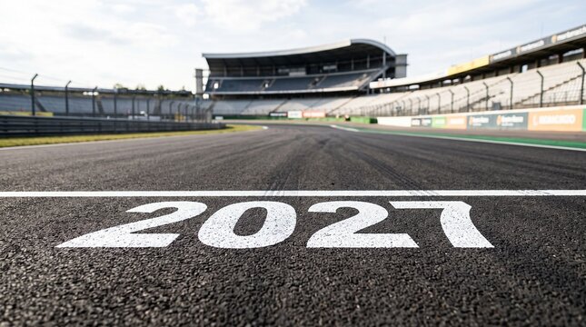 Bright white numbers displaying the year 2027 painted onto the dark textured asphalt surface of a professional motor racing circuit track during daytime