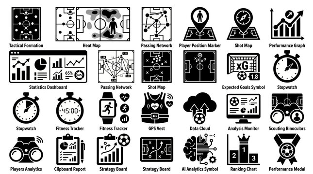 Football Analytics Icon Bundle with Tactical Formation Heat Map Performance Dashboard Strategy Board and Match Statistics Symbols