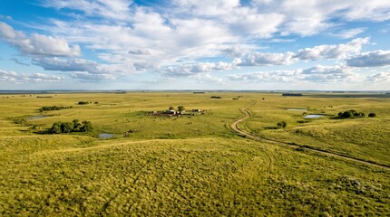 Fototapeta premium Panoramic Aerial View of the Gaucho Pampas with Vast Grasslands and Clear Blue Sky
