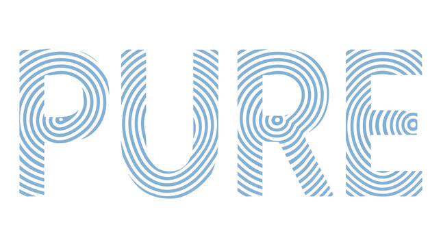 Minimalist typographic illustration of the word PURE designed with light blue concentric circle patterns and fingerprint textures on a clean white background.
