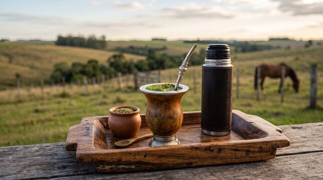 Close up of a traditional chimarr&atilde;o gourd on rustic wood with blurred countryside and copy space