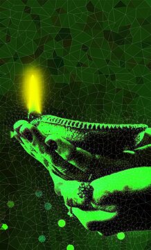 A stylized digital art illustration for Diwali festival featuring a dramatic green and black monochrome hand holding a traditional diya oil lamp.  glowing yellow flame contrasting against a dark green